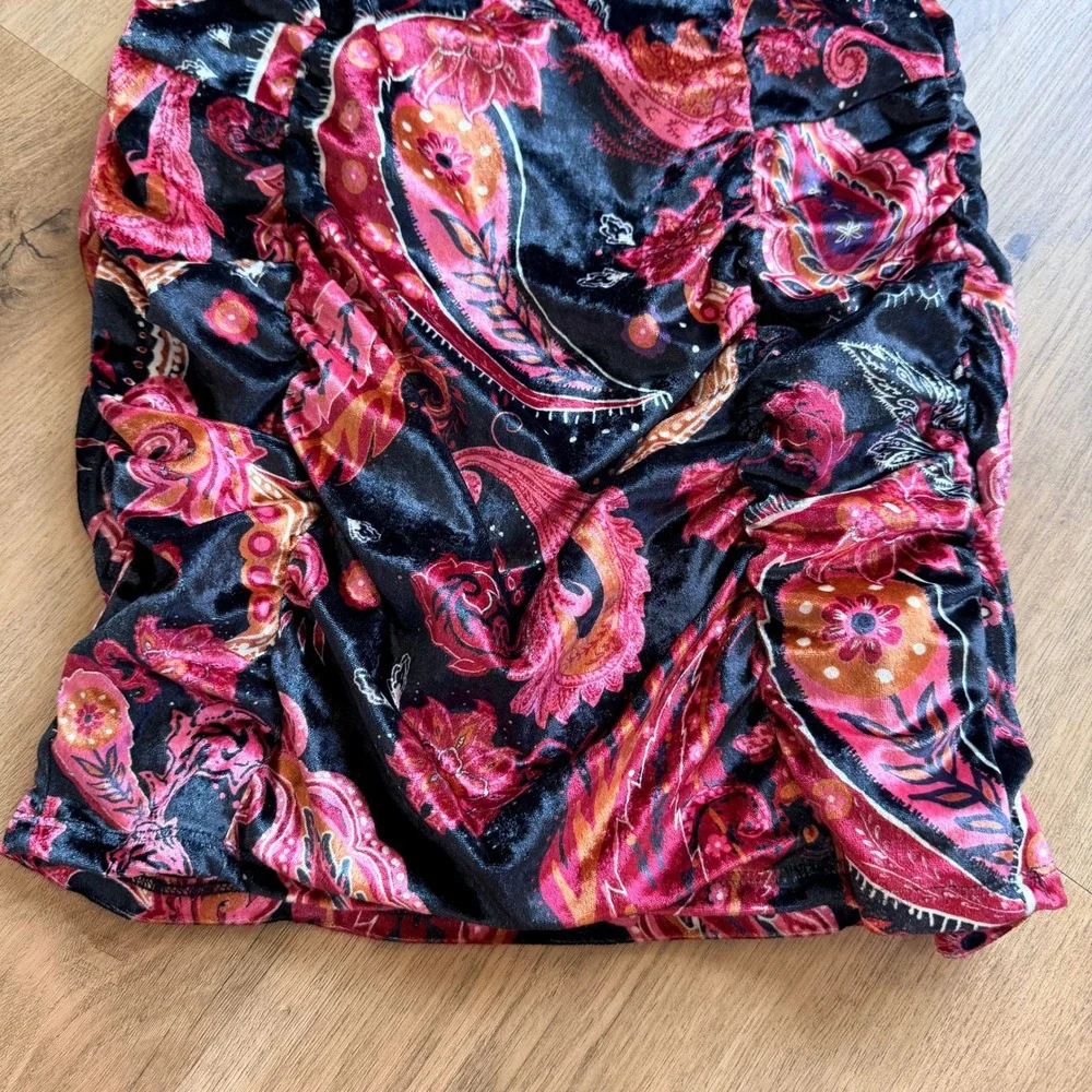 Free People Velvet Ruched Paisley Mini Skirt Black Pink OB1210229 Small